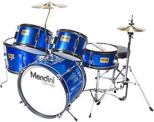 Mendini By Cecilio Drum Set For Kids/Junior – 16 Inch, 5 Piece, Blue Metallic – Starter Drums Kit w/Adjustable Throne, Cymbal, Pedal & Drumsticks – MJDS 5 BL