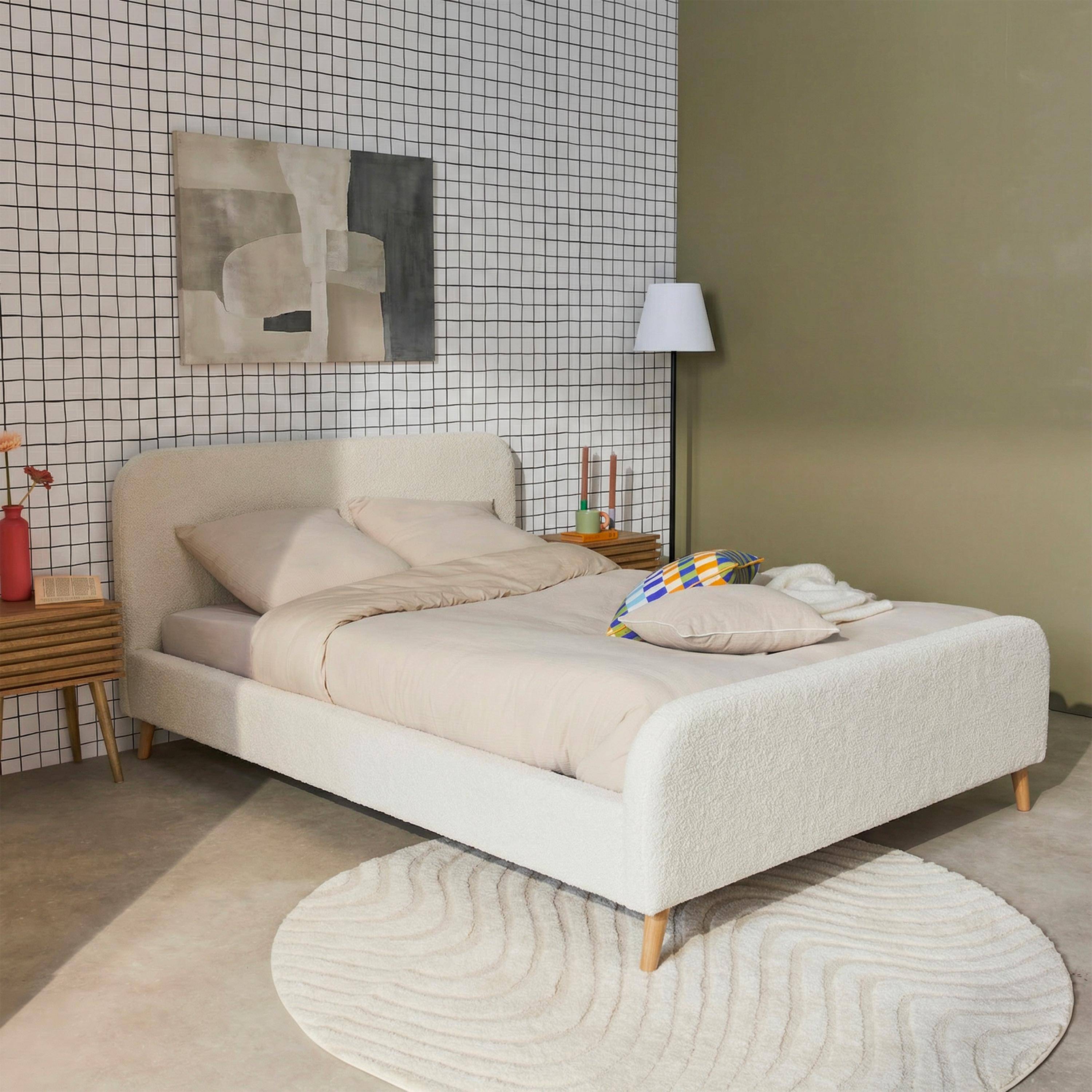 Finn - Cama con somier y cabecera tapizada borreguito, 140x190cm