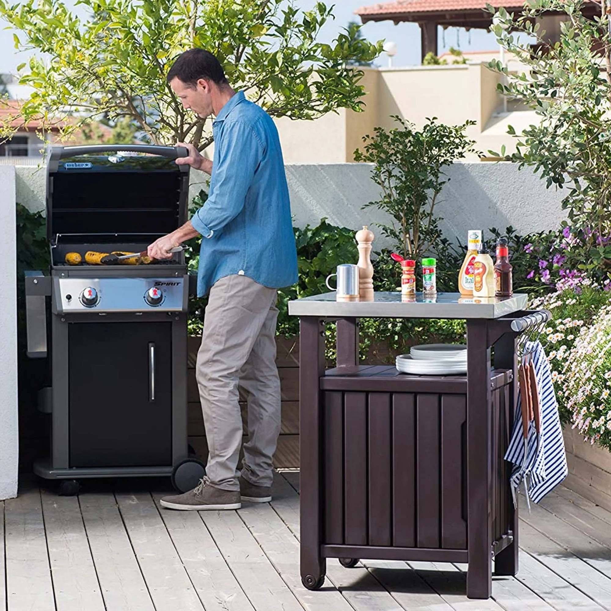 Keter Unity 40 Gal Patio Storage Grilling Bar Cart w/Stainless Top, Brown - Image 11
