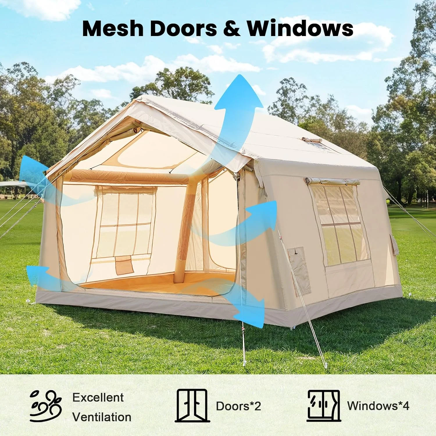 Lilypelle 4-6 Person Blow Up Inflatable Tent with Stove Jack, Hot Tent for Camping with Hand Pump, Waterproof Inflatable Camp Tent with Mesh Windows, Easy Setup Glamping Inflatable House - Image 20