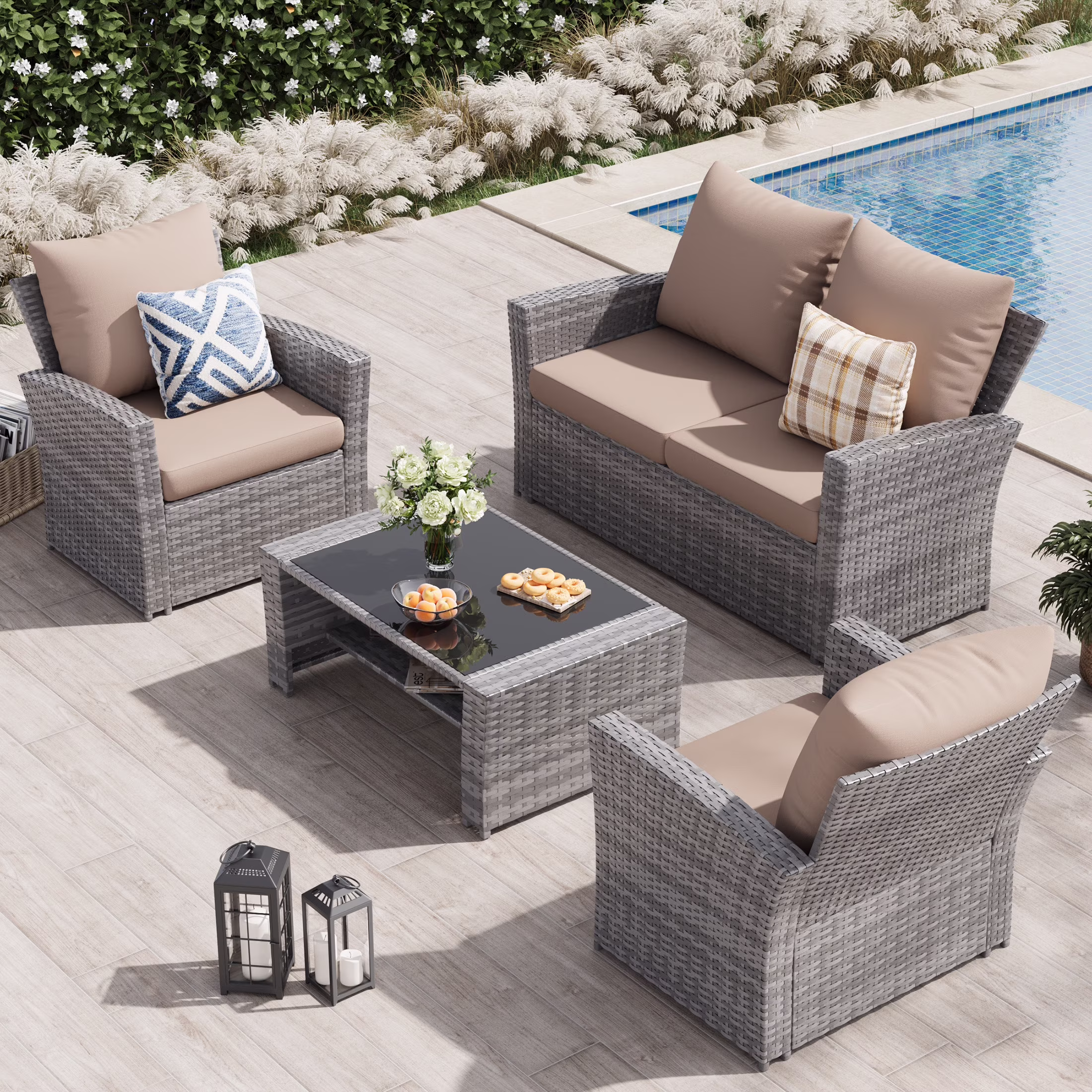 UDPATIO Wicker Patio Furniture Set, 4 Piece Outdoor Sectional Conversation Sets, Gray PE Rattan Patio Sofa Set for Balcony, Porch, Backyard, Grey - Image 5