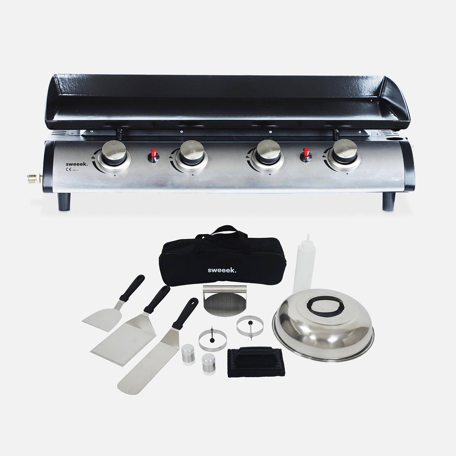 Porthos 4 - Plancha de gas 4 quemadores de acero inoxidable con utensilios, 10kW