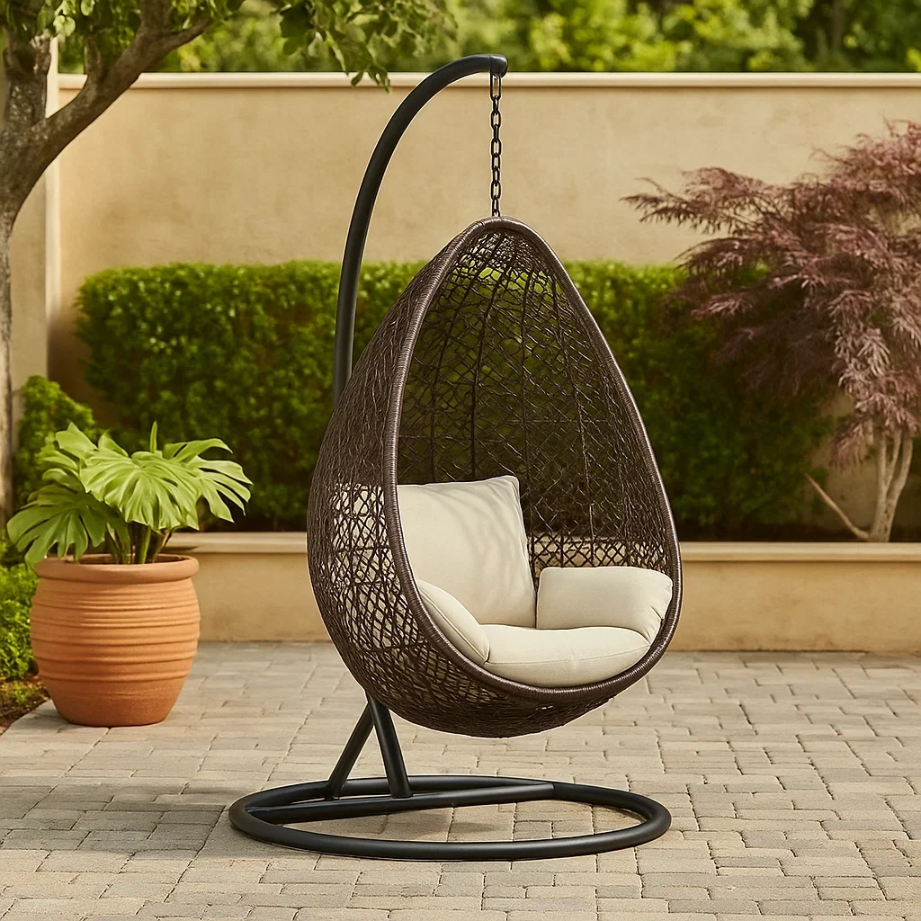 Sillón colgante en forma de huevo,ratán sintético,marrón con cojines beige,con soporte metálico,para exterior,100x100x195 cm - naEI2dXnpLNG