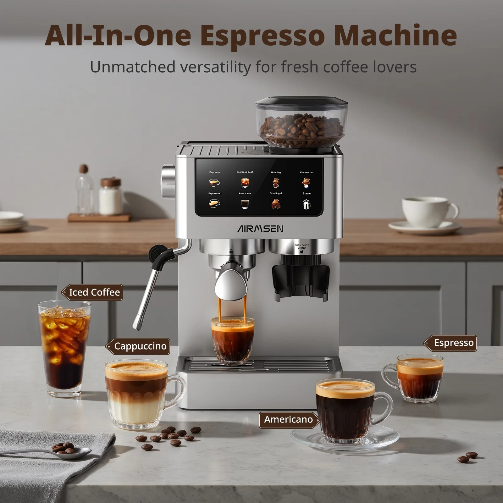 AIRMSEN Espresso Machine with Grinder, Espresso Coffee Machine with Customized Grind Amount & Coffee Volume, Cold Brew Coffee Maker for Cappuccino Latte Americano, Brushed Stainless Steel - Image 2