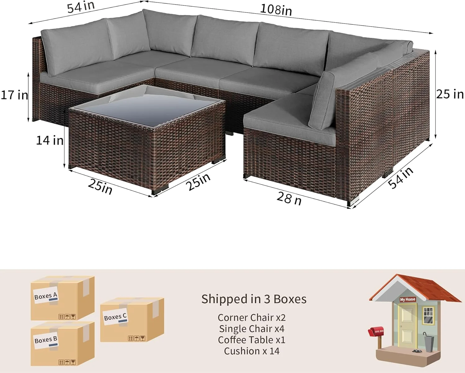 Patio Furniture Set Clearance Lofka Outdoor Sectional Furniture Sofa Set with Tempered Glass Table for Backyard, Garden & Poolside, Gray Cushions - Image 7