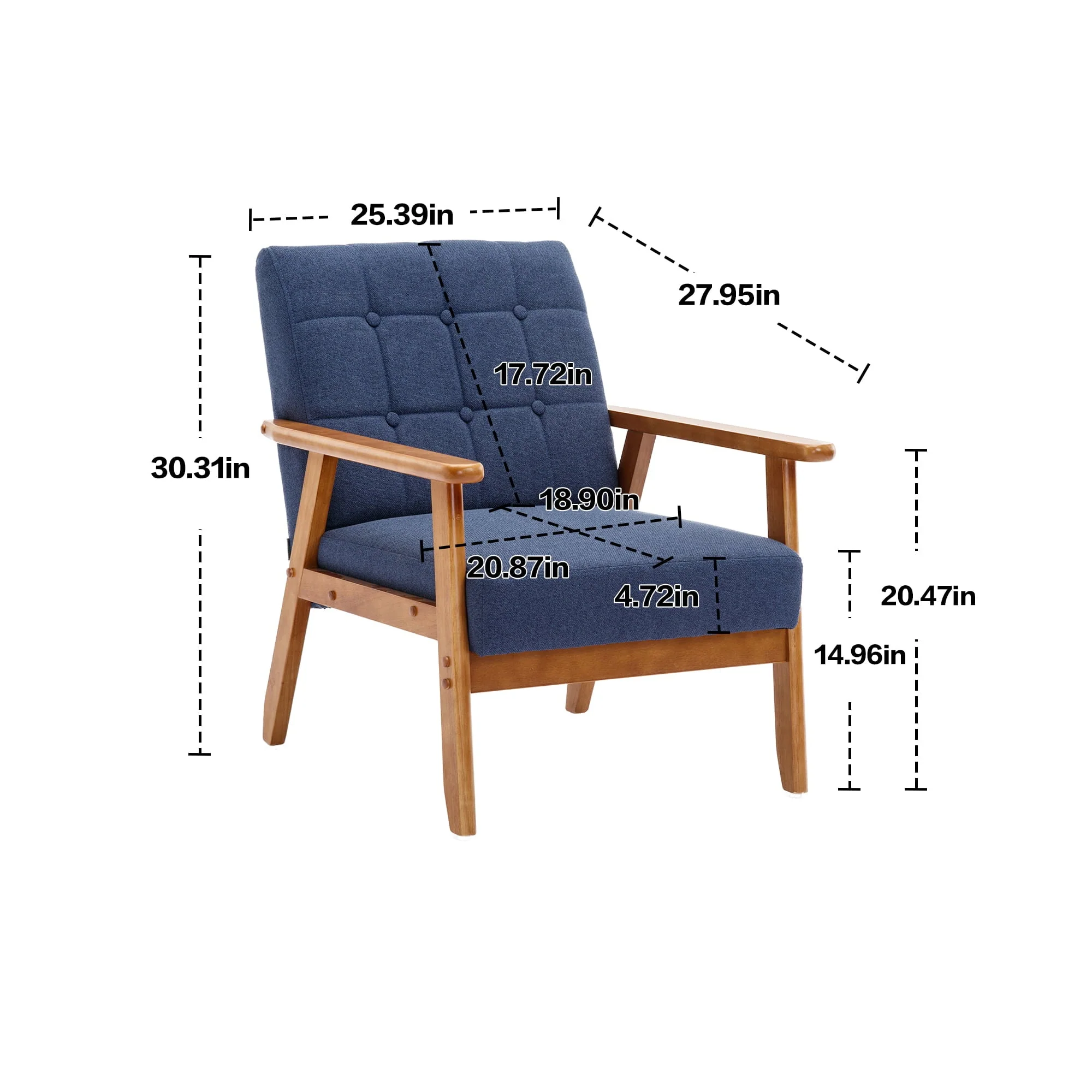 Ufurpie Mid Century Modern Armchair with Wood Frame,Linen Fabric Comfy Reading Chair,Accent Chair for Living Room Bedroom,Navy - Image 13