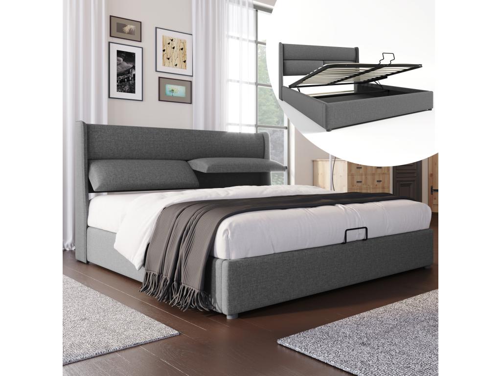 Cama doble con reposacabezas regulable y espacio de almacenamiento, 160x200