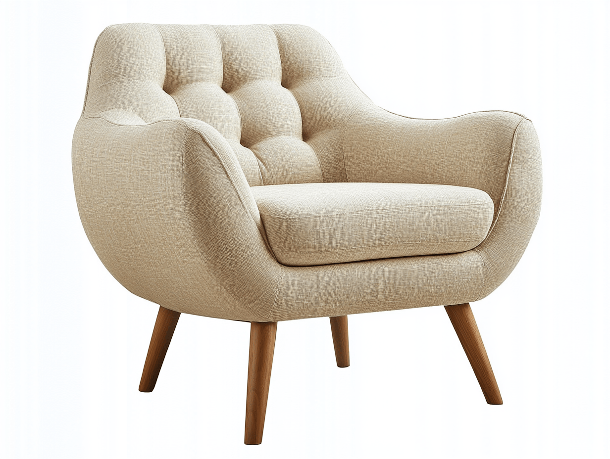 Sillón beige de lino con patas de madera – diseño moderno