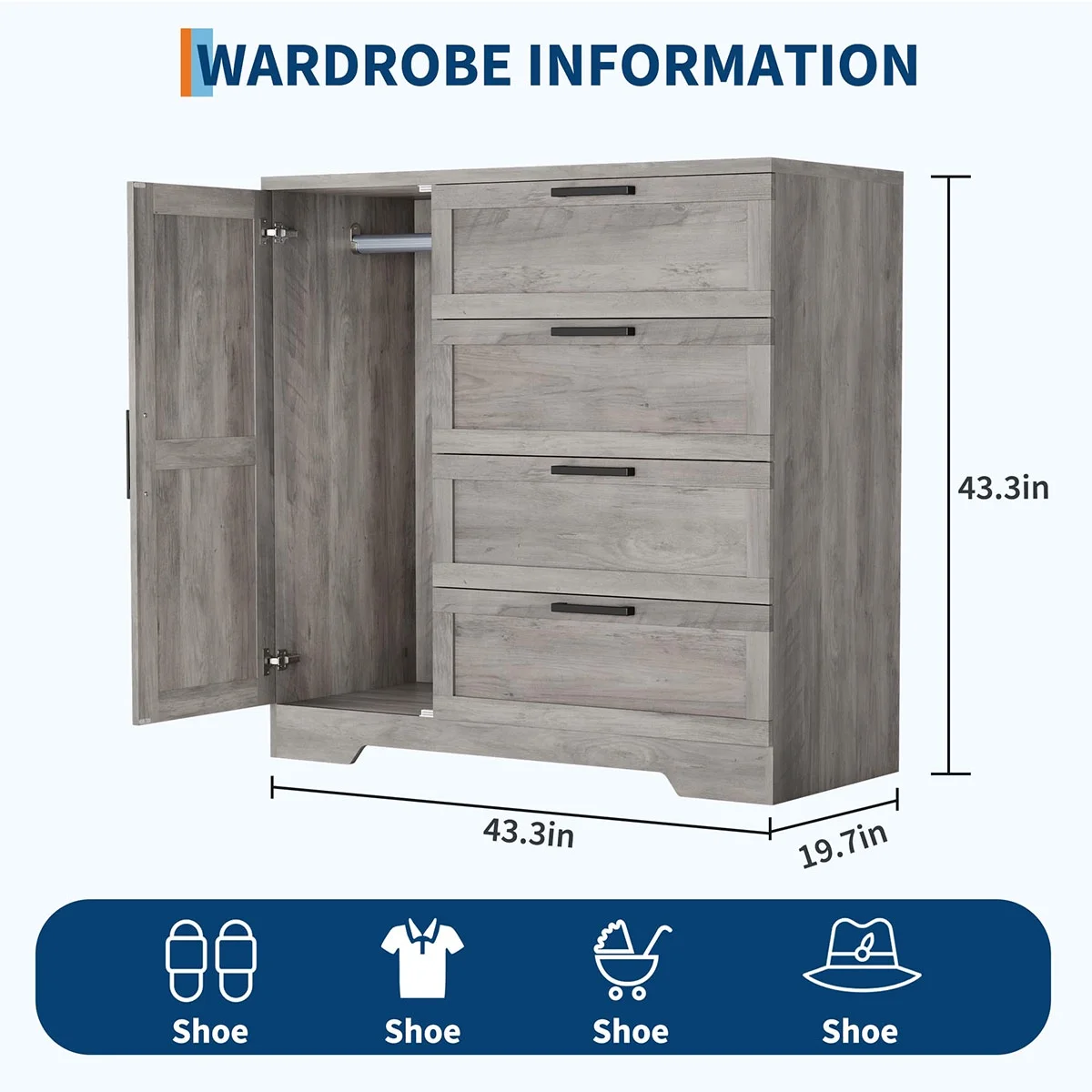 Ataucjin Wood Armoire Wardrobe Closet with 4 Drawers and Door, 43.3" H Bedroom Wardrobe Cabinet with Hanging Rod, Clothing Storage Cabinets, 4 Drawers Dresser with Storage Closet - Image 10