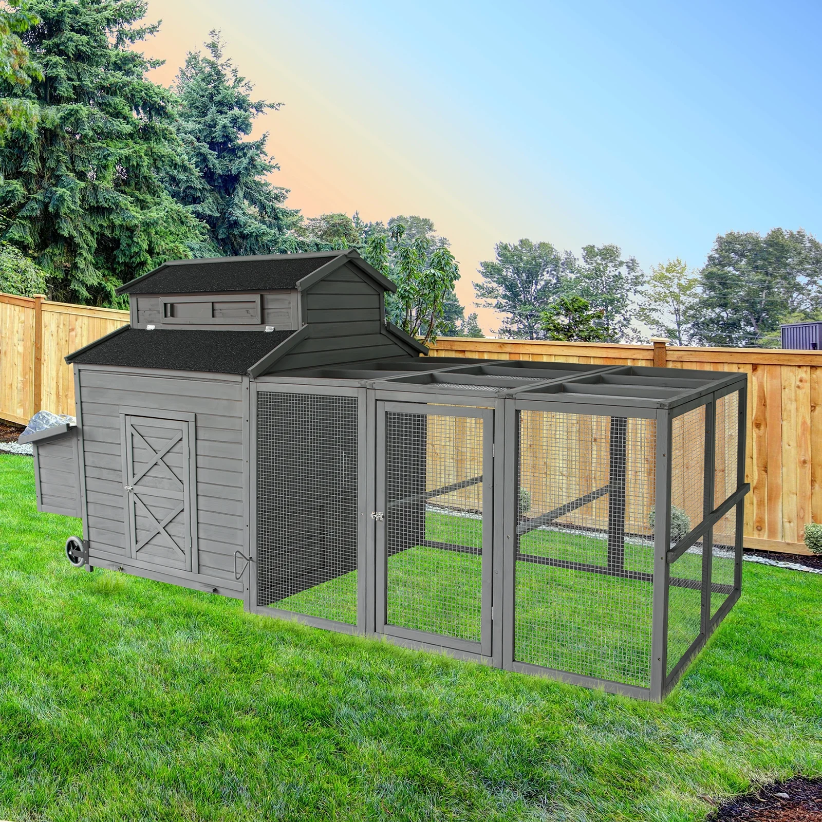 Chicken Coop for 6-10 Chickens, 112" Extal Large Chicken Coops, with Chicken Run & Nesting Box & Secure Enclosure, Outdoor Wooden Hen House Hutch for Rabbit, Poultry Pet, Duck - Image 8