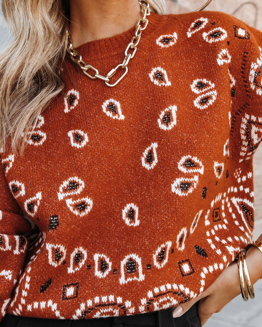 Southern Comfort Bandana Pullover Sweater - Rust - Se7enfashion