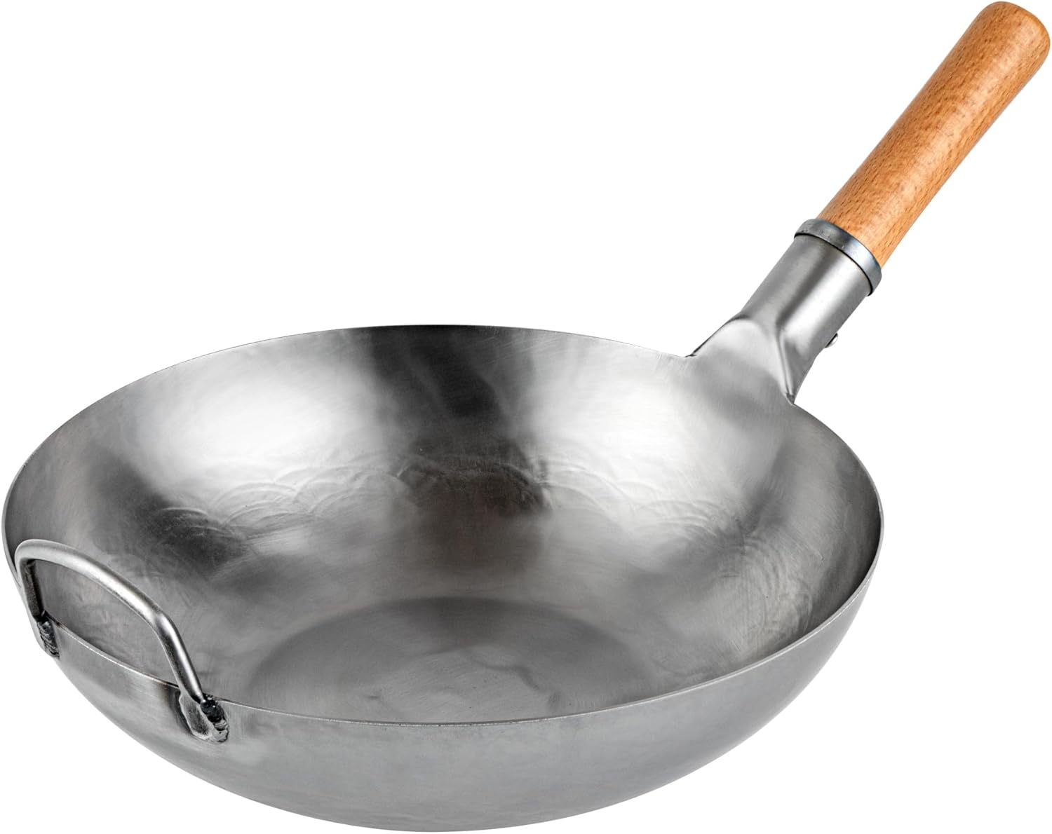 Restaurantware Carbon Steel Wok 1 Pack of 14 Inch Heavy-Duty Stir Fry Pan Silver Hand Hammered Wok Efficient Maneuvering Steel Helper Handle Uniform Heat Distribution Asian Cooking
