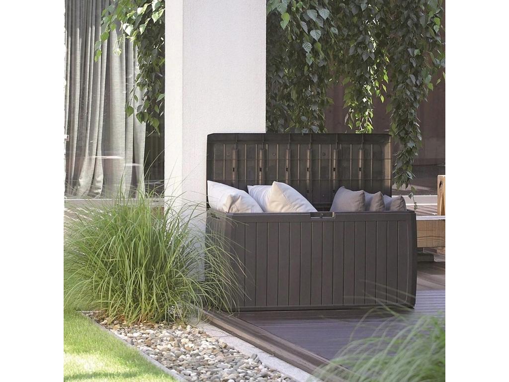 Baul de jardin 290 litros prosperplast boxe board de plastico Decoromantico n color ocre oscuro 116,6 x 47 x 59,5 cm