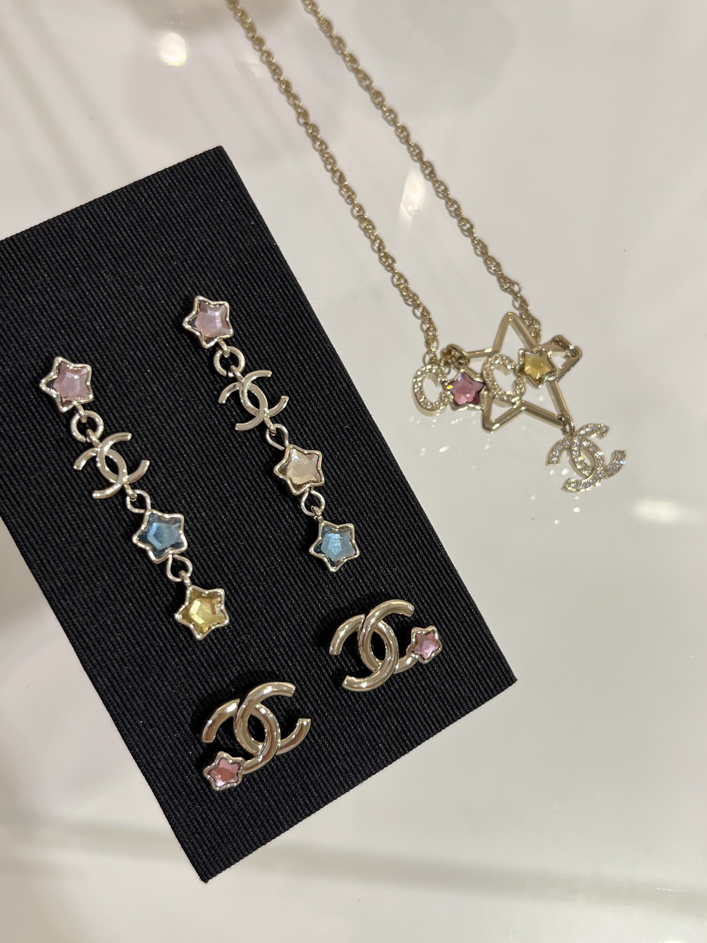 Chanel Asymmetric Colorful Crystal Star Tassel Earrings - Original Replica Club