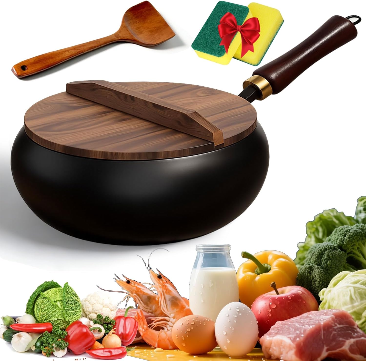 2026 Upgraded Hand-Hammered Japanese Wok, Japanese Cast Iron Wok Pan, Uncoated Healthy Cooking Pot with Lid, Non-Stick Thick Iron Frying Pan Made In Japan for Induction, Gas Stove (Hammered A, 12'')