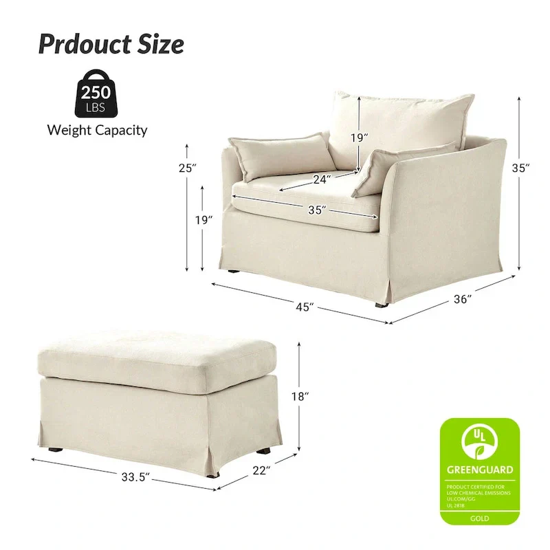 Sophie Contemporary Oversized Slipcovered Armchair and Ottoman with Lockable Rear Wheels