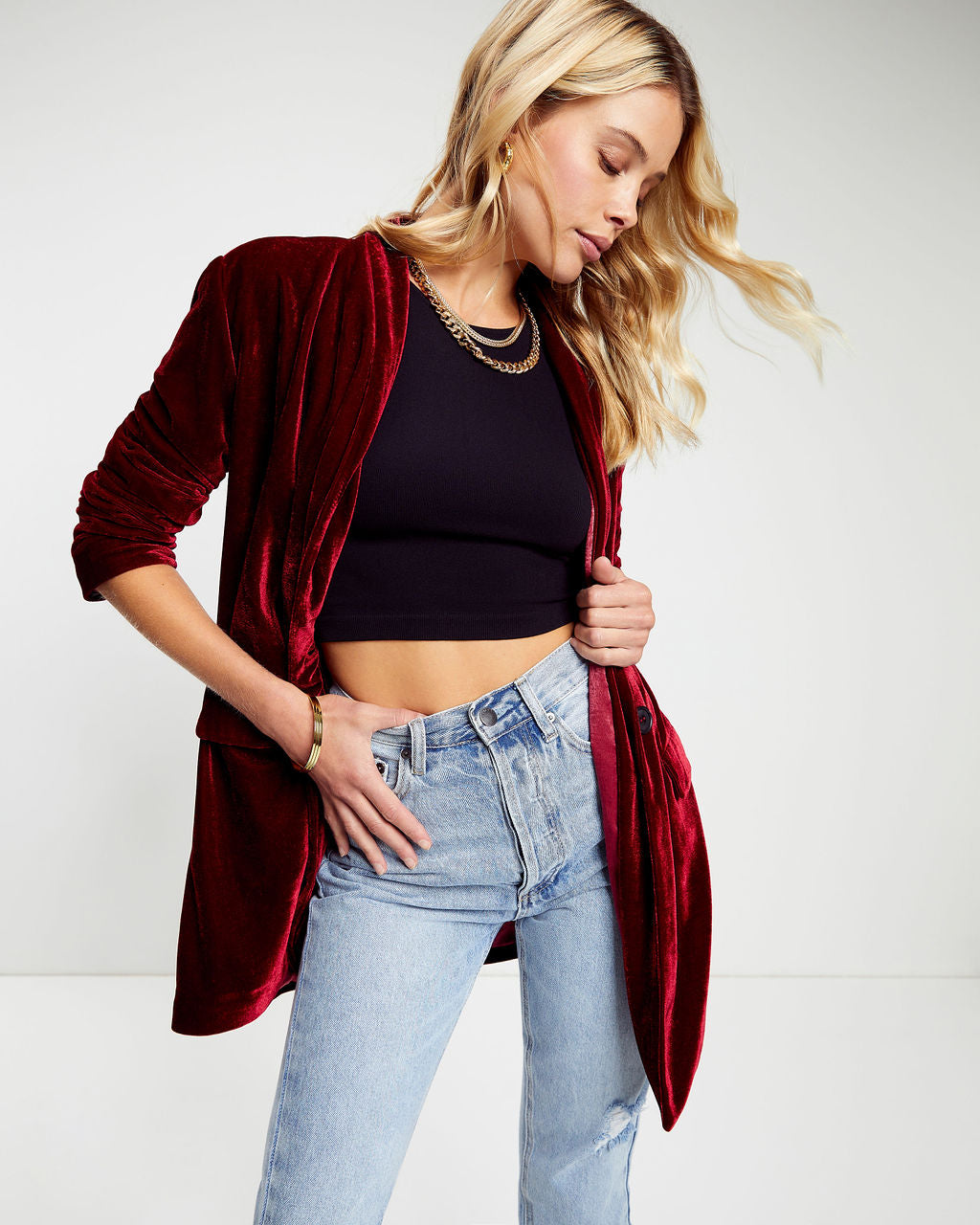 Chicest Pocketed Velvet Blazer - Ruby - Se7enfashion