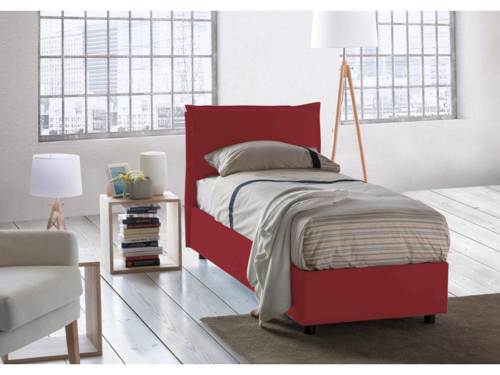 Cama individual Roberta, Cama contenedor con revestimiento de tela, 100% Made in Italy, Apertura lateral, con colchón 80x190 cm incluido, Rojo