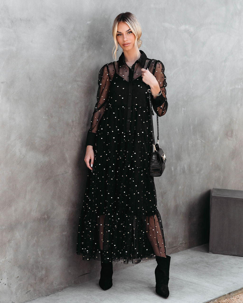 Joaquin Embroidered Mesh Tiered Maxi Dress - Black - Se7enfashion