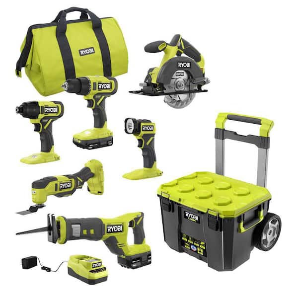 ONE+ 18V Cordless 6-Tool Combo Kit with 1.5 Ah Battery. 4.0 Ah Battery. Charger. and LINK Rolling Tool Box