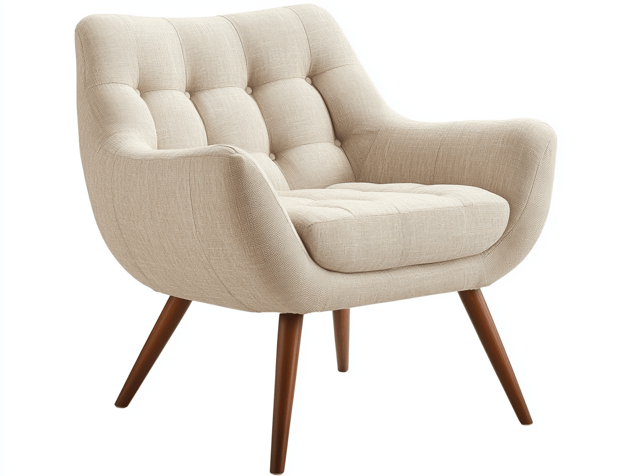 Sillón beige de lino con patas de madera – diseño moderno y ergonómico