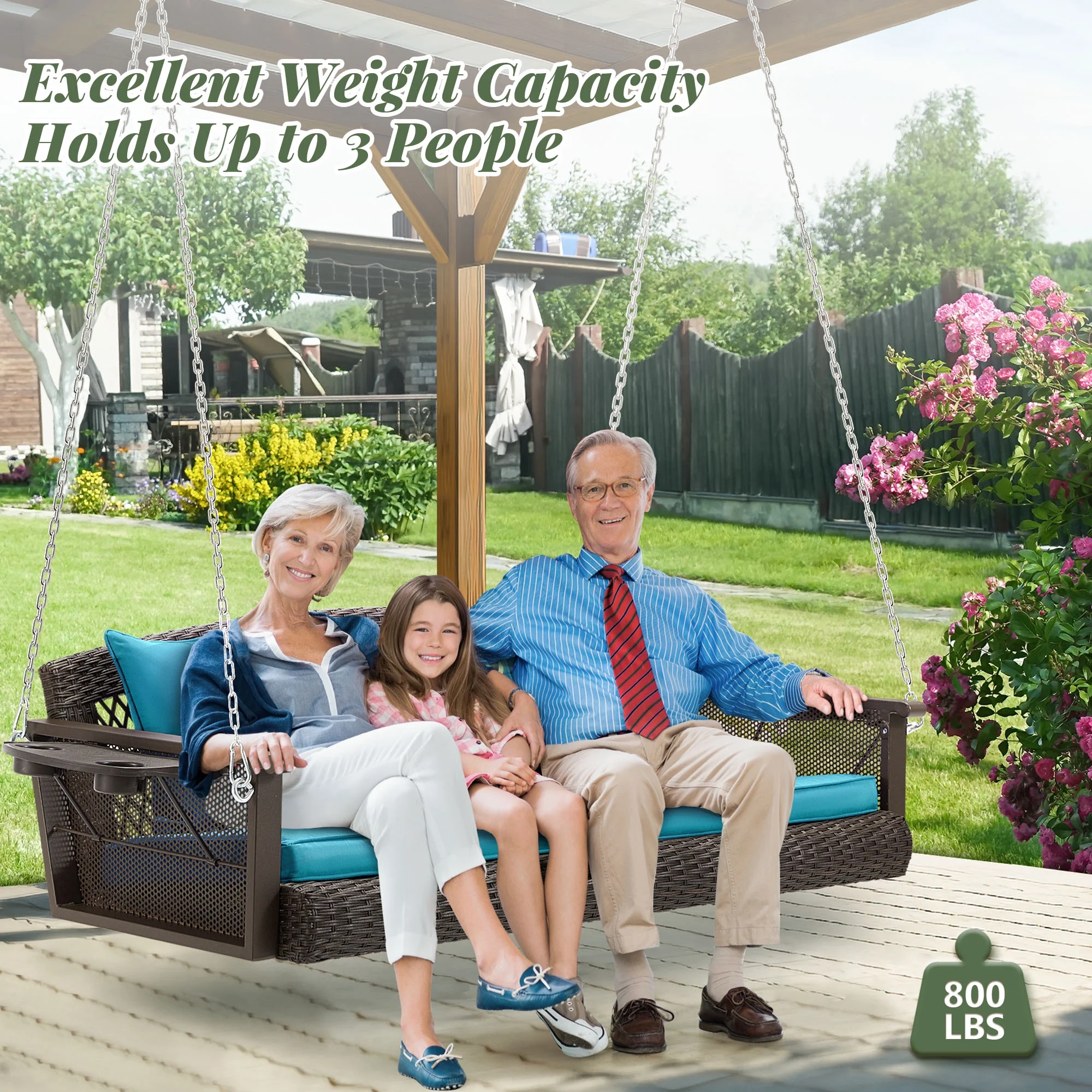 Homrest 3-Person Porch Swing 55in Wicker Hanging Swing Bench with Cushions and Cupholders for Deck, Garden and Backyard, Beige - Image 19
