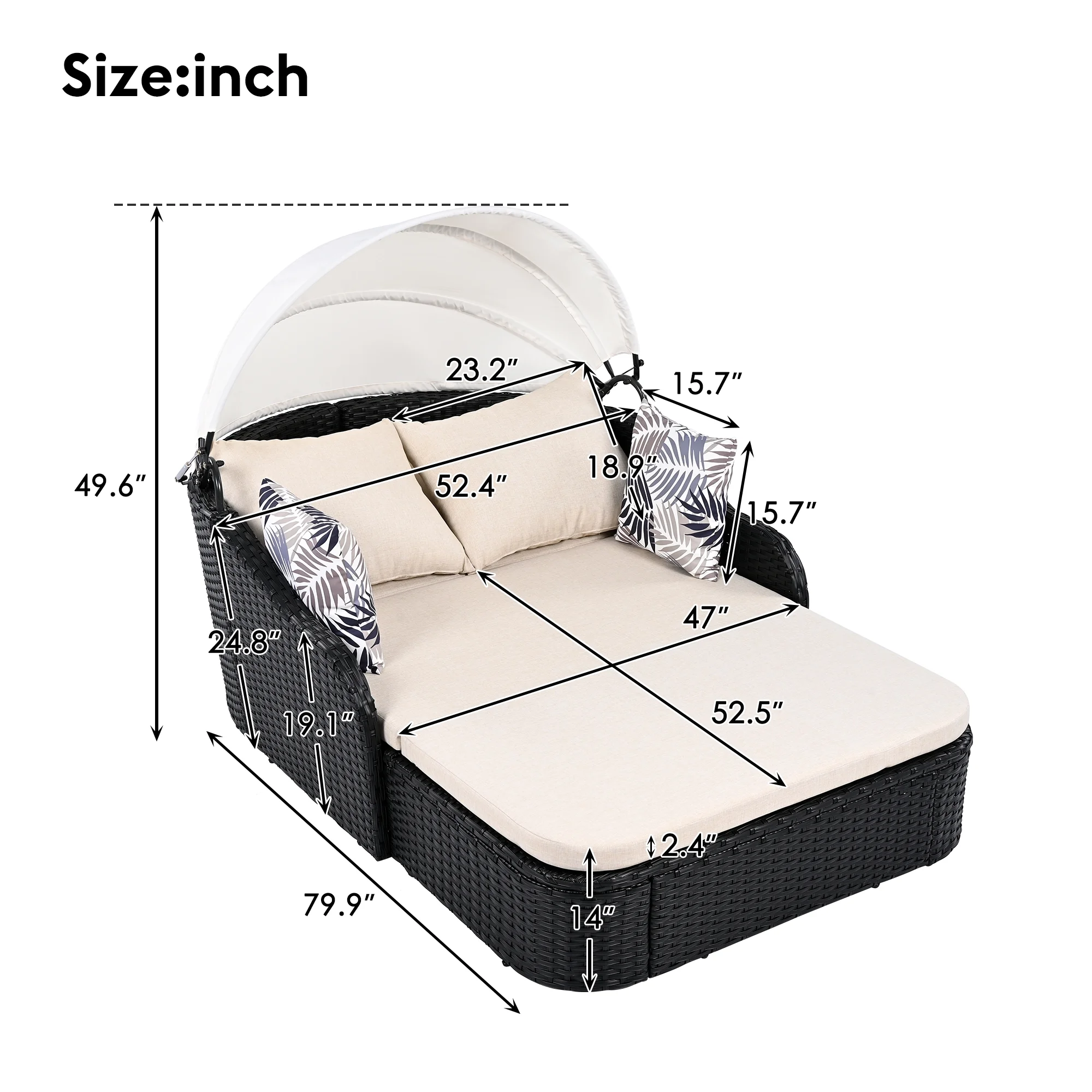 Harper & Bright Designs Rattan Outdoor Double Lounge Chaise 2-Person PE Wicker Outdoor Patio Sunbed with Canopy Cover for Backyard Garden Balcony, Beige+Black - Image 2