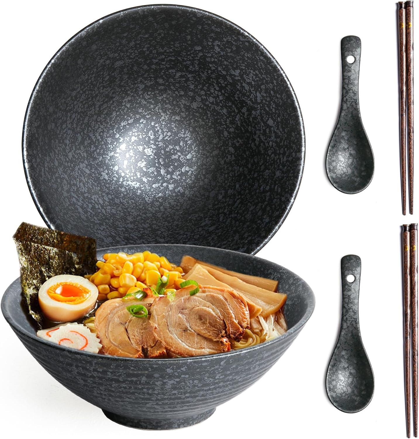 Ceramic Ramen Bowl Set of 2, 40oz Japanese Noodle Bowls with Spoons & Chopsticks Porcelain Large Soup Bowl for Pho, Udon, Retro Style Tableware Microwave & Dishwasher Safe, Fish