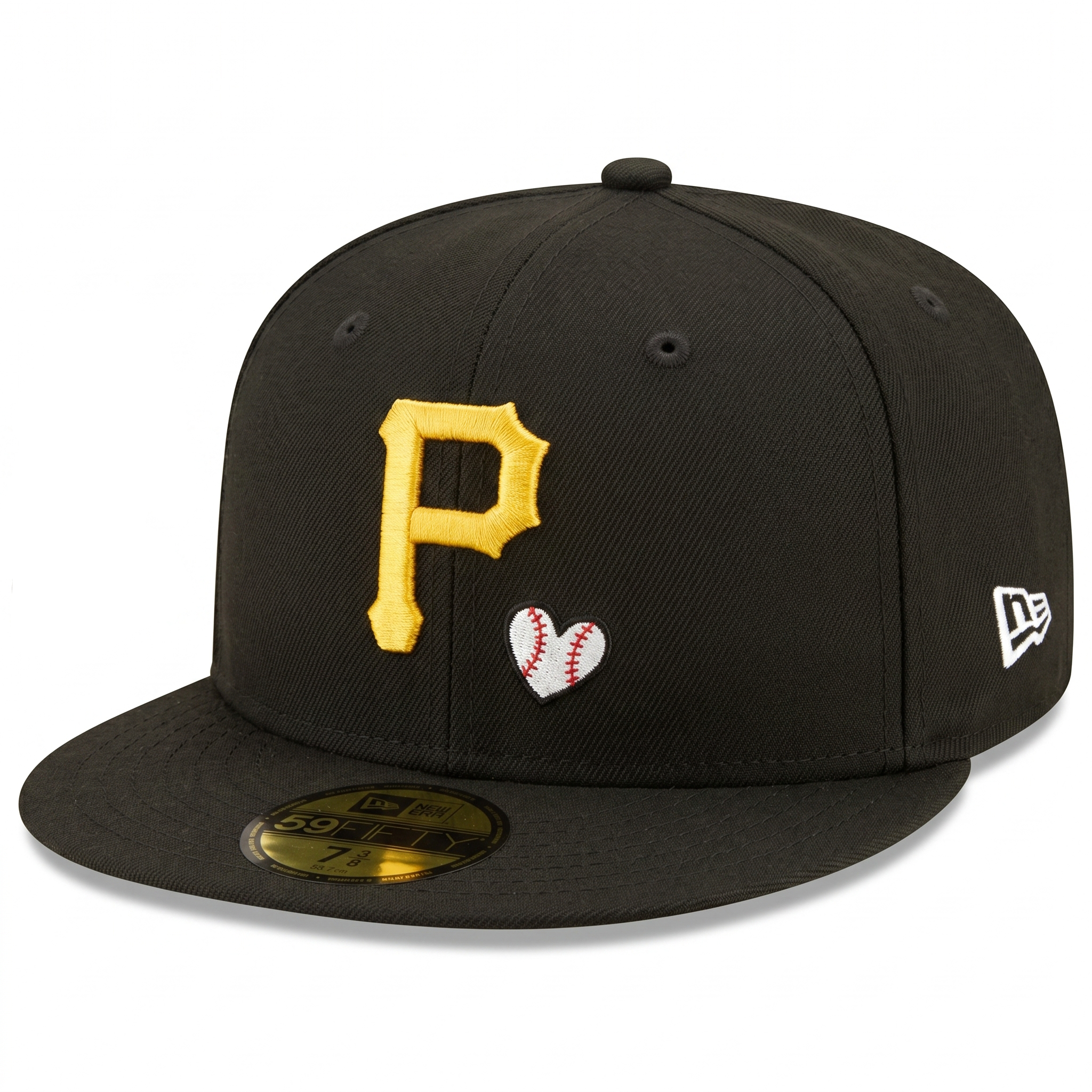 Front view of the New Era Pittsburgh Pirates Love & Hustle 59FIFTY fitted hat in black, featuring the gold 'P' logo and a white heart-shaped baseball embroidery.