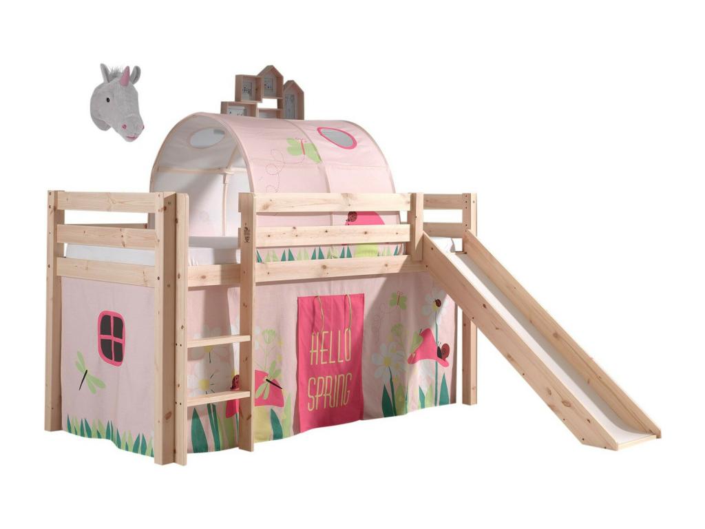 Cama tobogán 90x200 cm con tienda y túnel muelles pino macizo claro Pino
