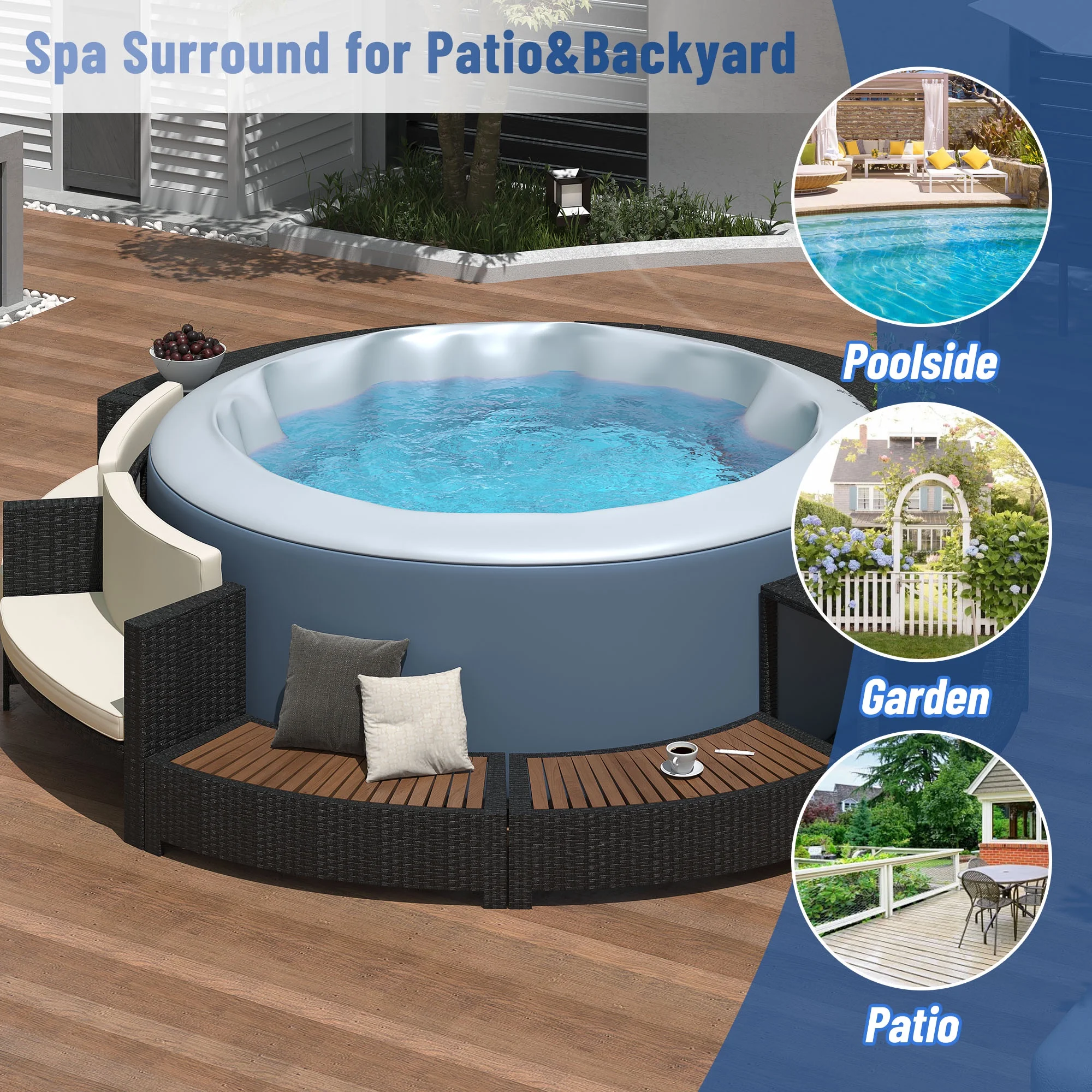 Round Hot Tub Surround Furniture, Spa Surround Outdoor Rattan Sectional Sofa Set with Mini Sofa, Solid Acacia Wood Hot Tub Storage Surround Patio Furniture Set, Gray Cushion - Image 21