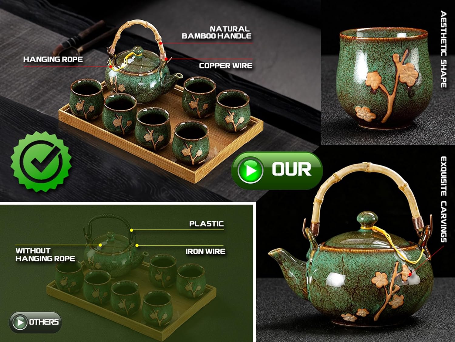 Traditional Japanese tea set, Kiln altered glaze Porcelain tea set with 1 Teapot, 6 Tea cups, 1 Tea Tray,Japanese teapot set, Asian tea sets (Kiln altered-Green)