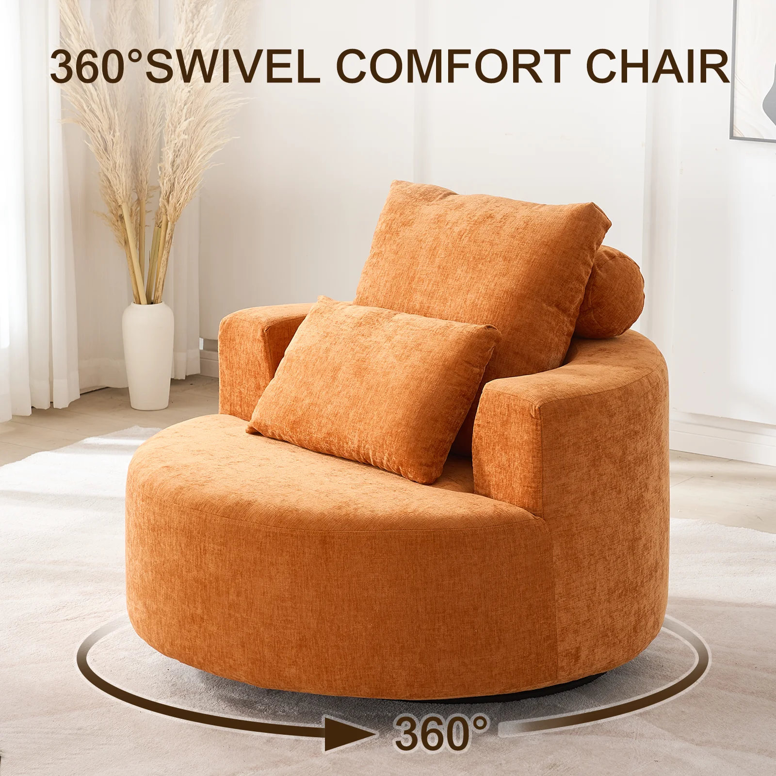 Fumahaus Upholstered Swivel Accent Chair, Oversized Comfy Round Sofa Chair with Two Pillows, Leisure Sofa Chair for Living Room Bedroom, Beige - Image 27