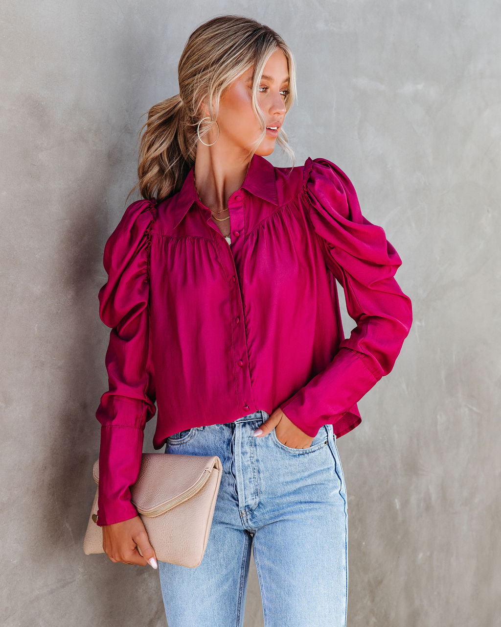 Southern Belle Puff Sleeve Button Down Top - Rose - SALE - Se7enfashion
