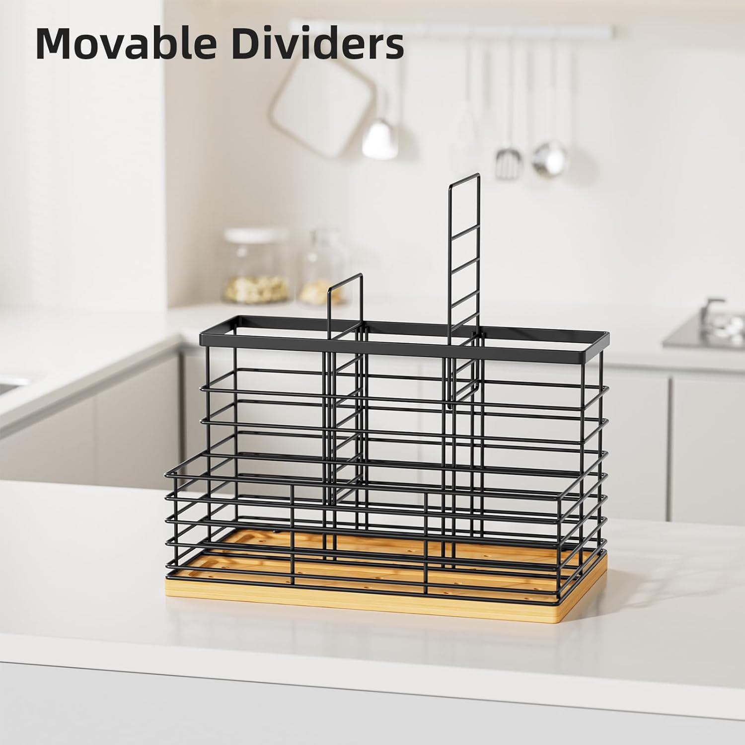 VITVITI Kitchen Utensil Holder for Counter, Large 4 Compartments Metal Bamboo Utensil Organizer, Farmhouse Cooking Utensils Holder Caddy for Countertop, Black