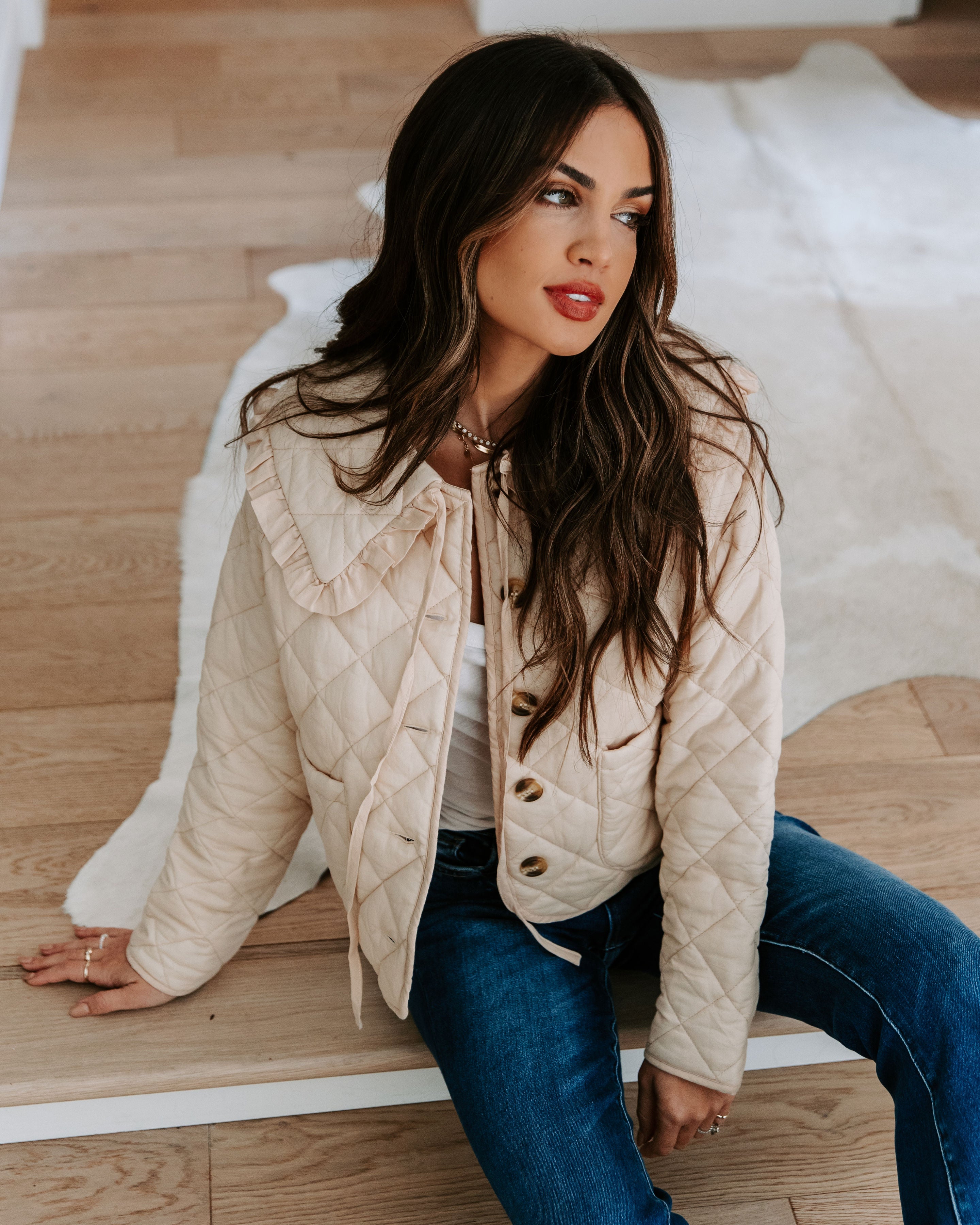 Loretta Cotton Pocketed Quilted Jacket - Beige - Se7enfashion