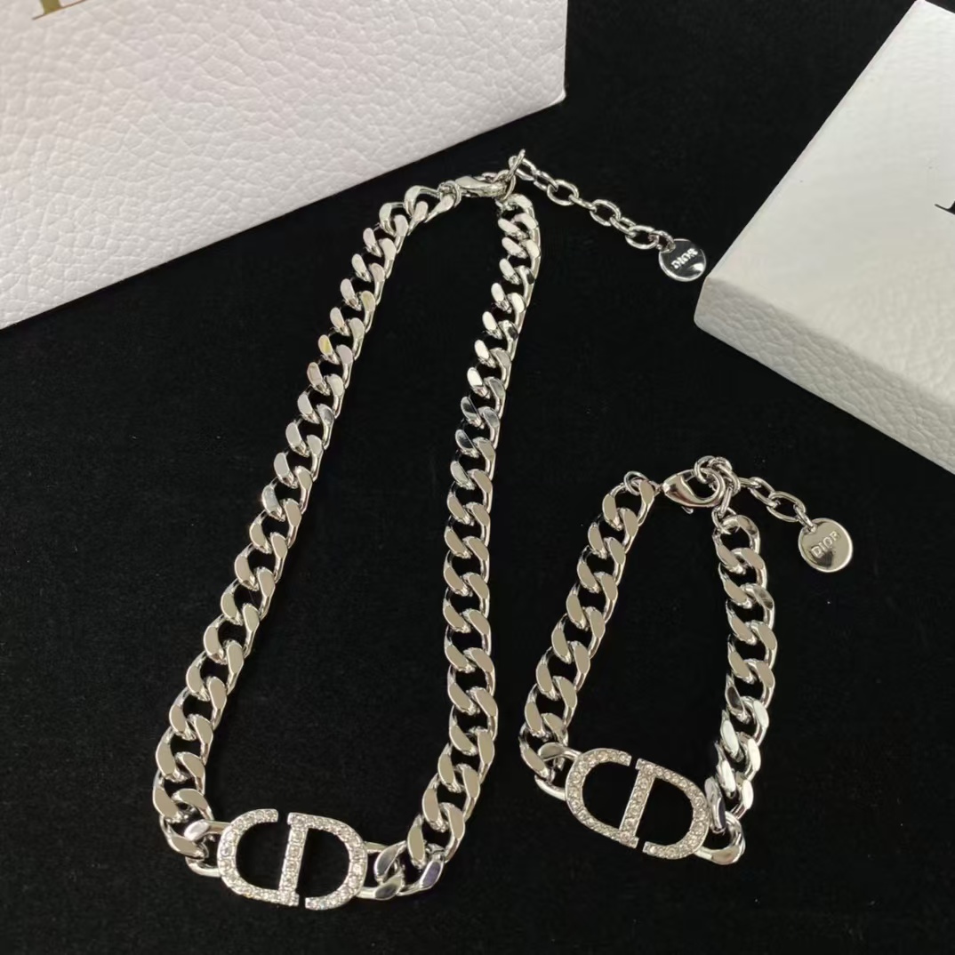 Dior Chunky Silver Cuban Chain CD Necklace Bracelet - Original Replica Club