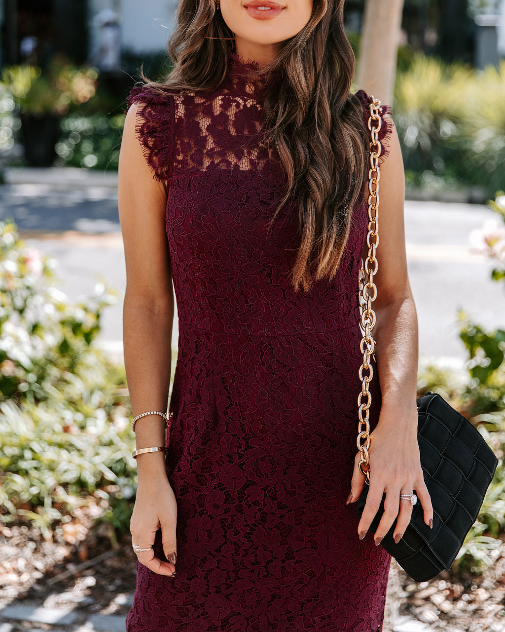 Frances Lace Ruffle Midi Dress - Wine - Se7enfashion