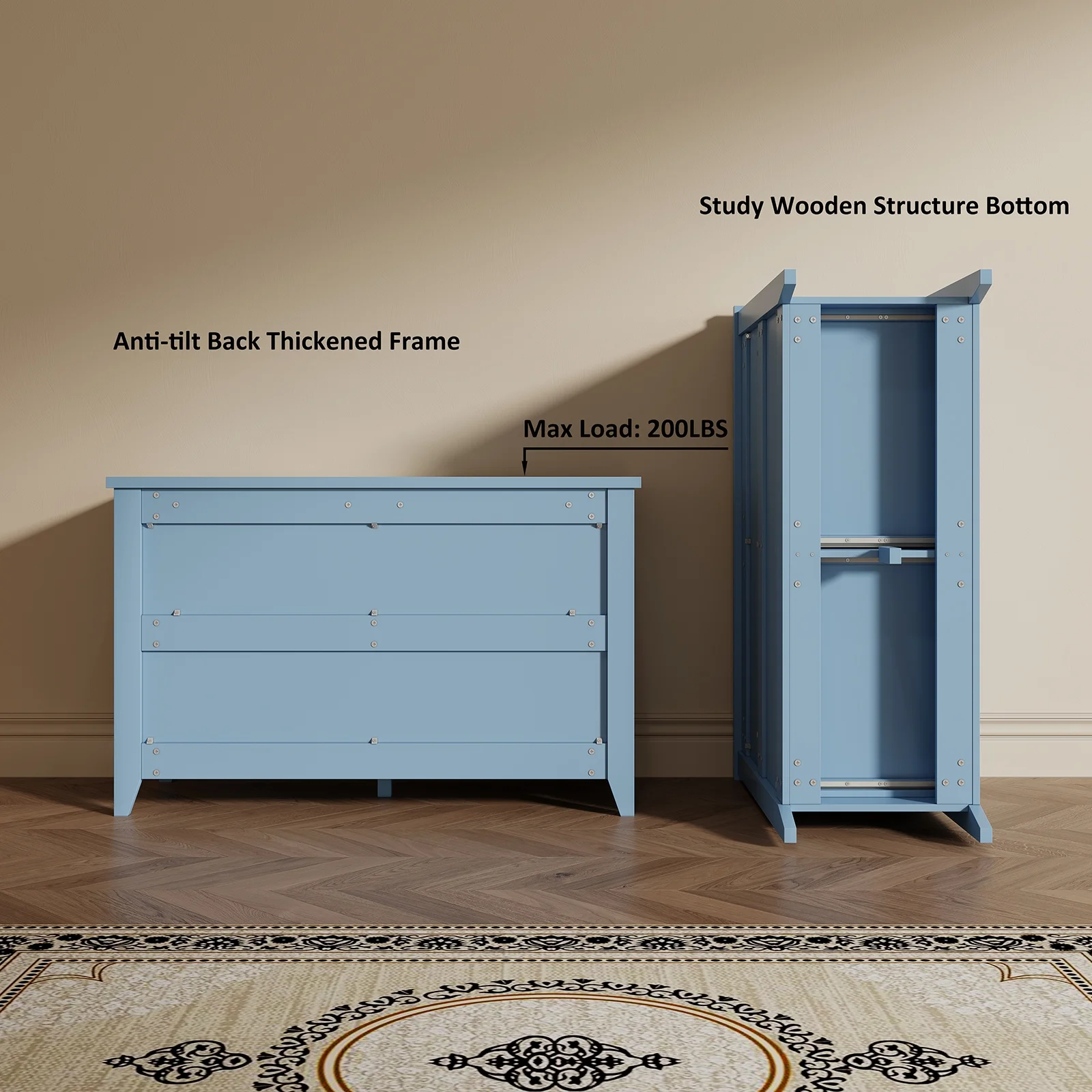 6 Drawer Dresser, Light Blue Elegant Chest of Drawers, Large Cabinet with Storage, Rustic Wood Chest of Drawers for Bedroom, Living Room, Hallway - Image 14