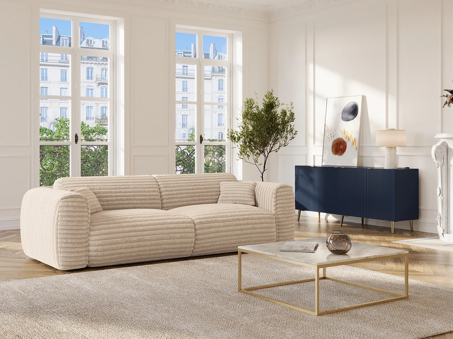 Sofá cama de 4 plazas de pana beige POGNIA