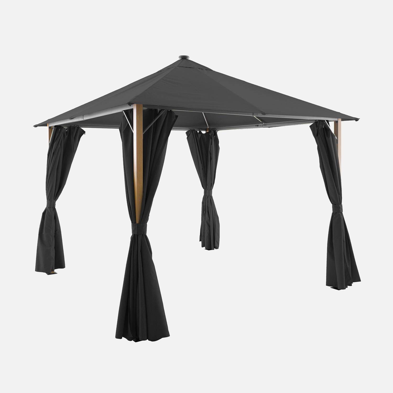 Veluna - Gazebo de jardín 3x3m de aluminio efecto madera con cortinas y led