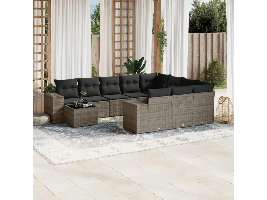 Set de sofás de jardín 11 piezas y cojines ratán sintético gris