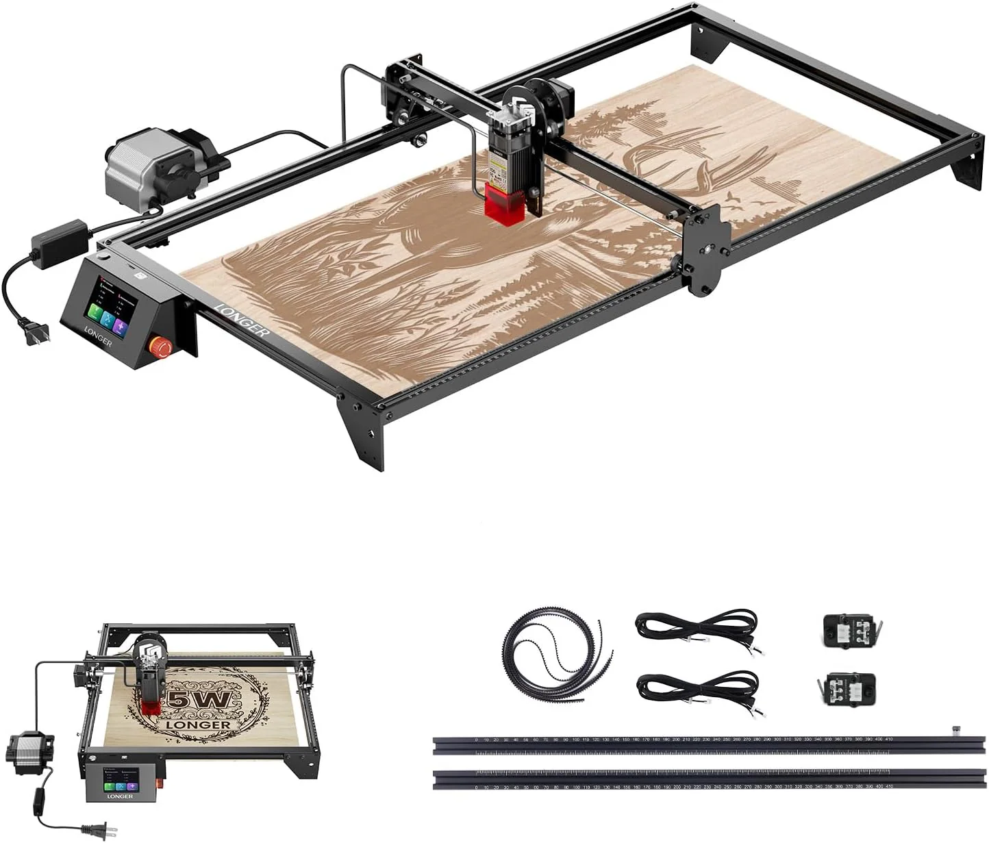 Longer RAY5 5W Laser Engraver with Air Pump, Limit Switch Kit and Y-Axis Extension Kit, Expand Working Area to 33.46 x 15.75, 3.5” Color Touch Screen, DIY Engraver Tool for Metal/Glass/Wood