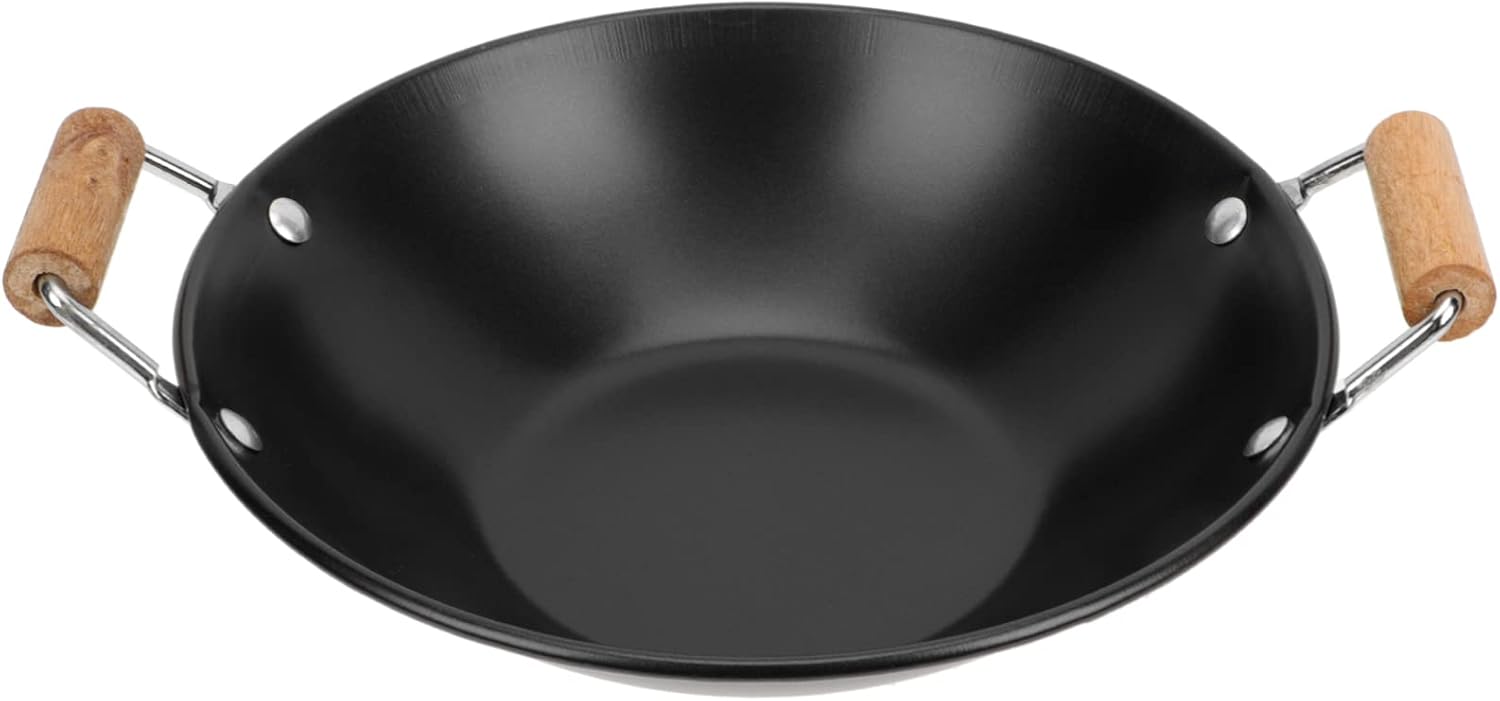 DOITOOL Japanese Shabu Pot Carbon Steel Wok Pan Stir Fry Pans with Wooden Handle Stainless Steel Pot Kitchen Cookware 9 X 11 Inch Japanese Soup Pots