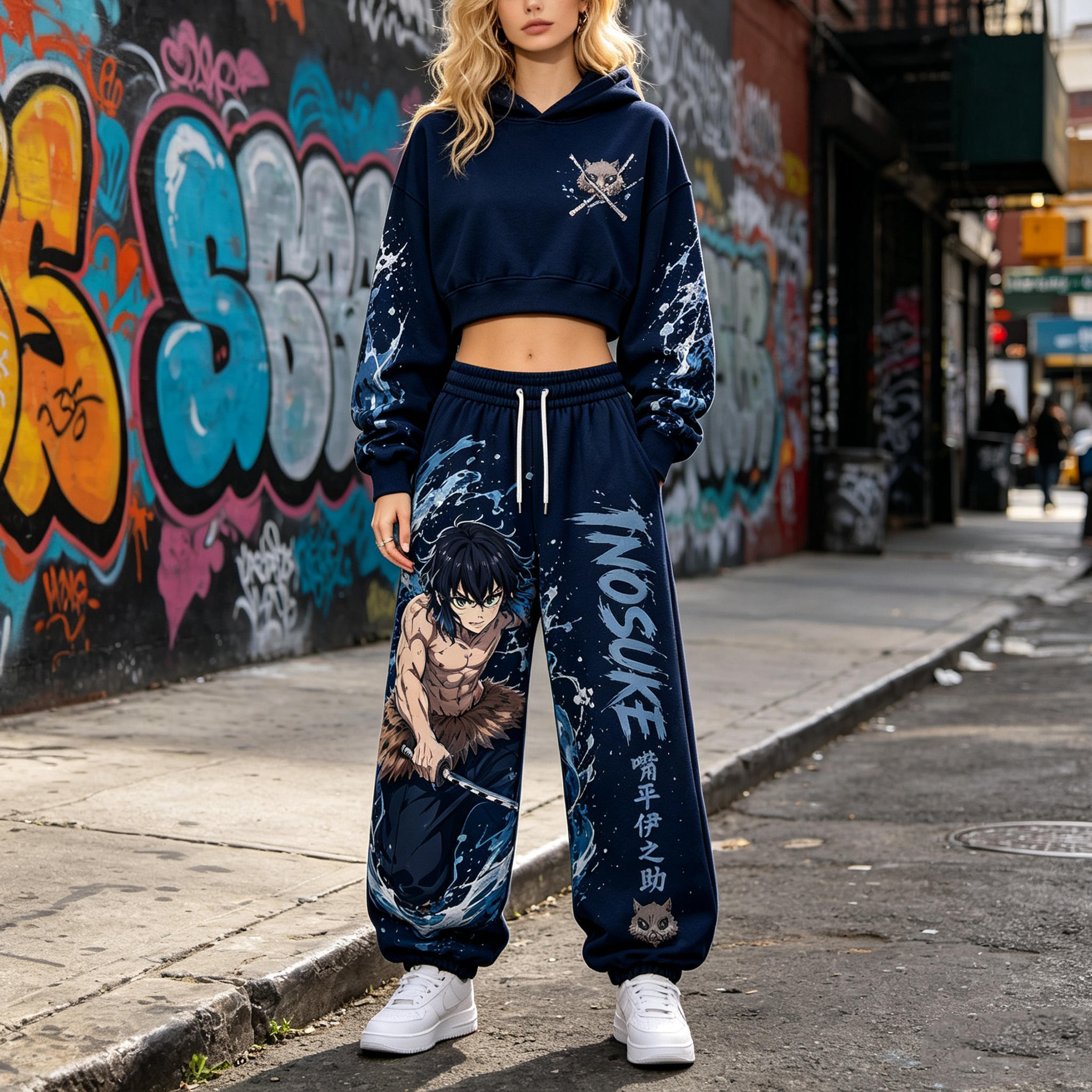 Demon Slayer Cropped Long Sleeve Hoodie & High Waist Jogger Pants Two Piece TeeThreads Sustain the Scene with Custom Apparel