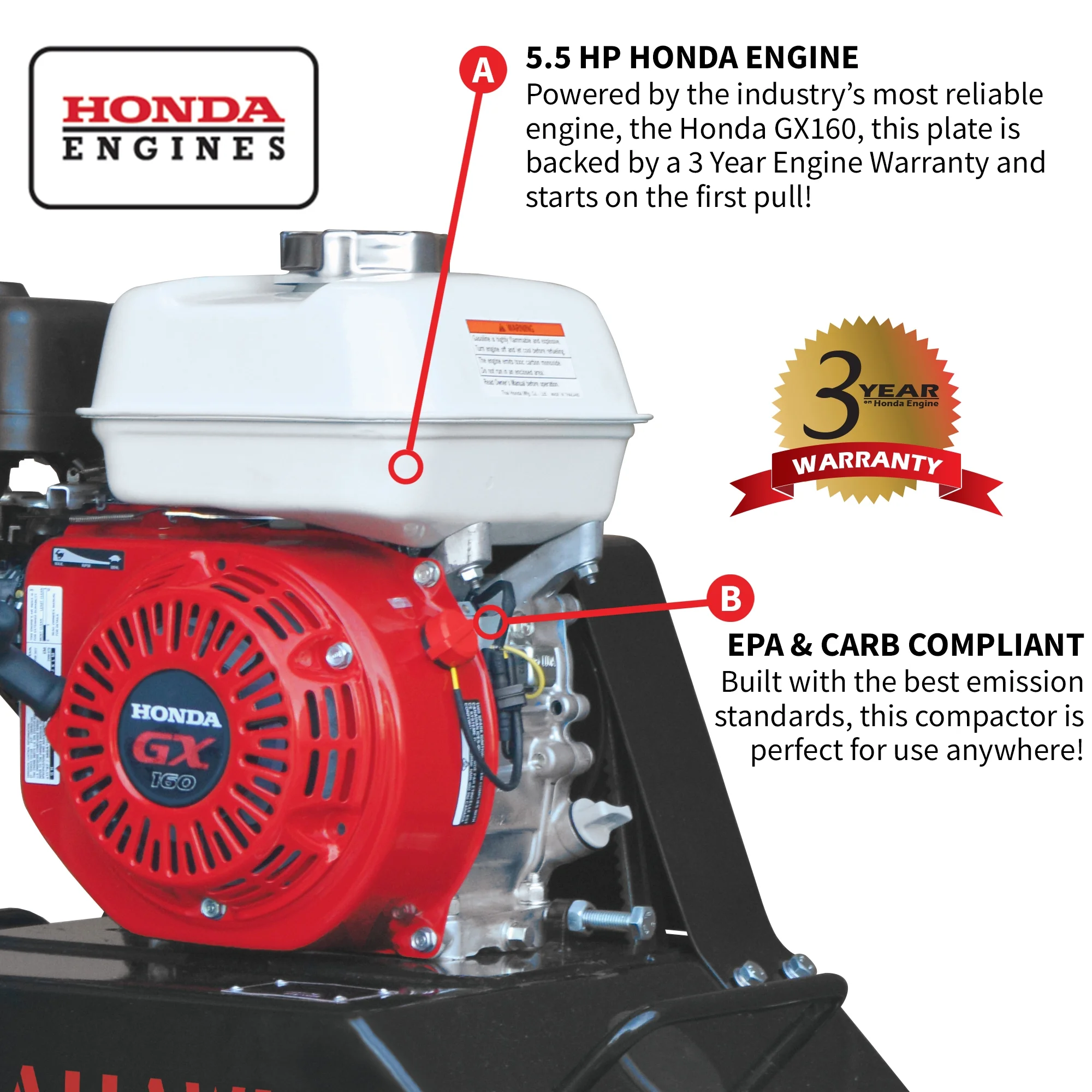 Tomahawk Power Plate Compactor 5.5 HP, 3000 lbs/ft, 63cc, Gas, 17 x 13 Plate Compactor, 5900 VPM - Image 3