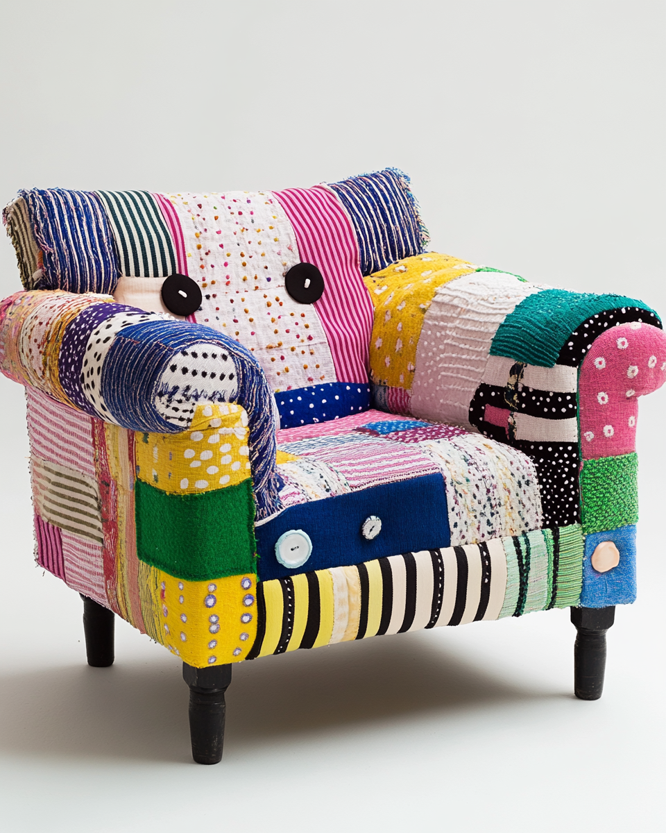Sillón individual estilo patchwork multicolor con diseño artesanal y patas oscuras