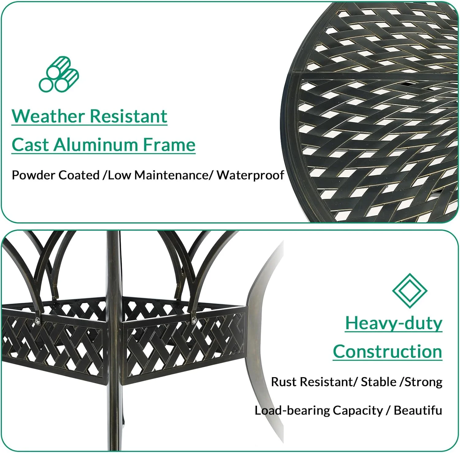 VIVIJASON Outdoor 61" Patio Dining Table for 6-8 Person, Large Patio Round Dining Table with 24" Lazy Susan, Dark Bronze Cast Aluminum Rustic Patio Table W/Umbrella Hole for Balcony, Porch and Deck - Image 7