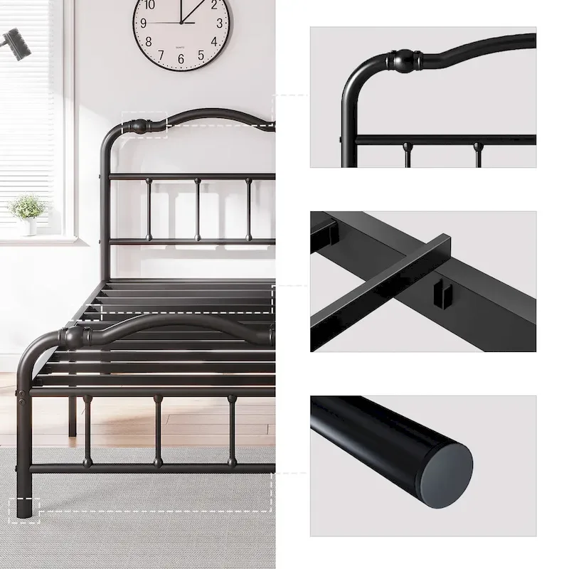 Sturdy 18-Inch High Steel Tube Iron Bed with Double Wave Headboard and Footboard