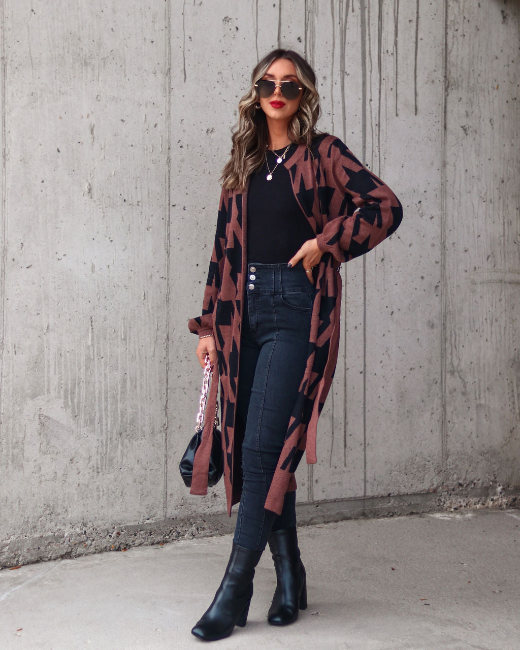 Coffee Errands In Style Pocketed Houndstooth Duster Cardigan - Brown - Se7enfashion